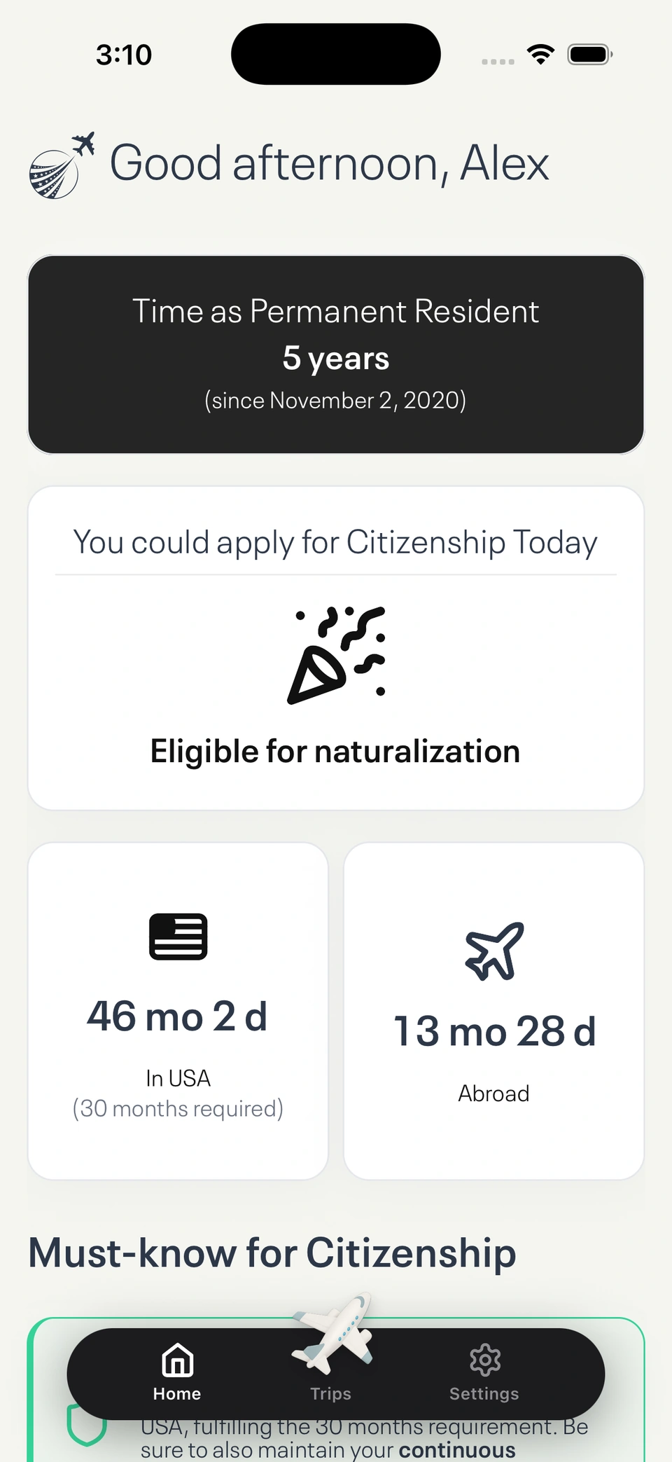 App dashboard showing trip statistics and citizenship eligibility status